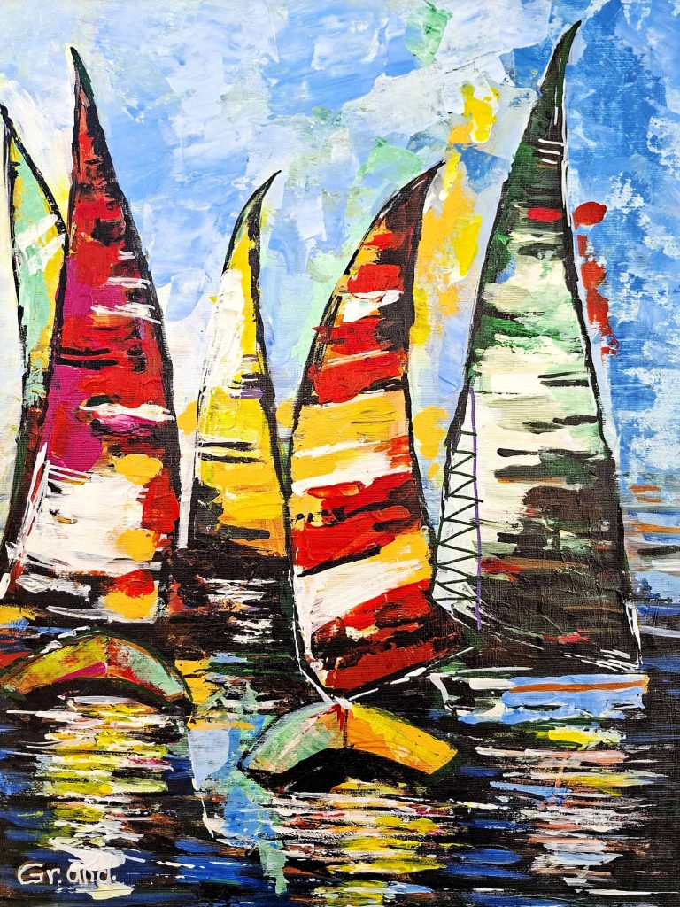 tablou in acryl pe panza, cu barci abstracte pe mare